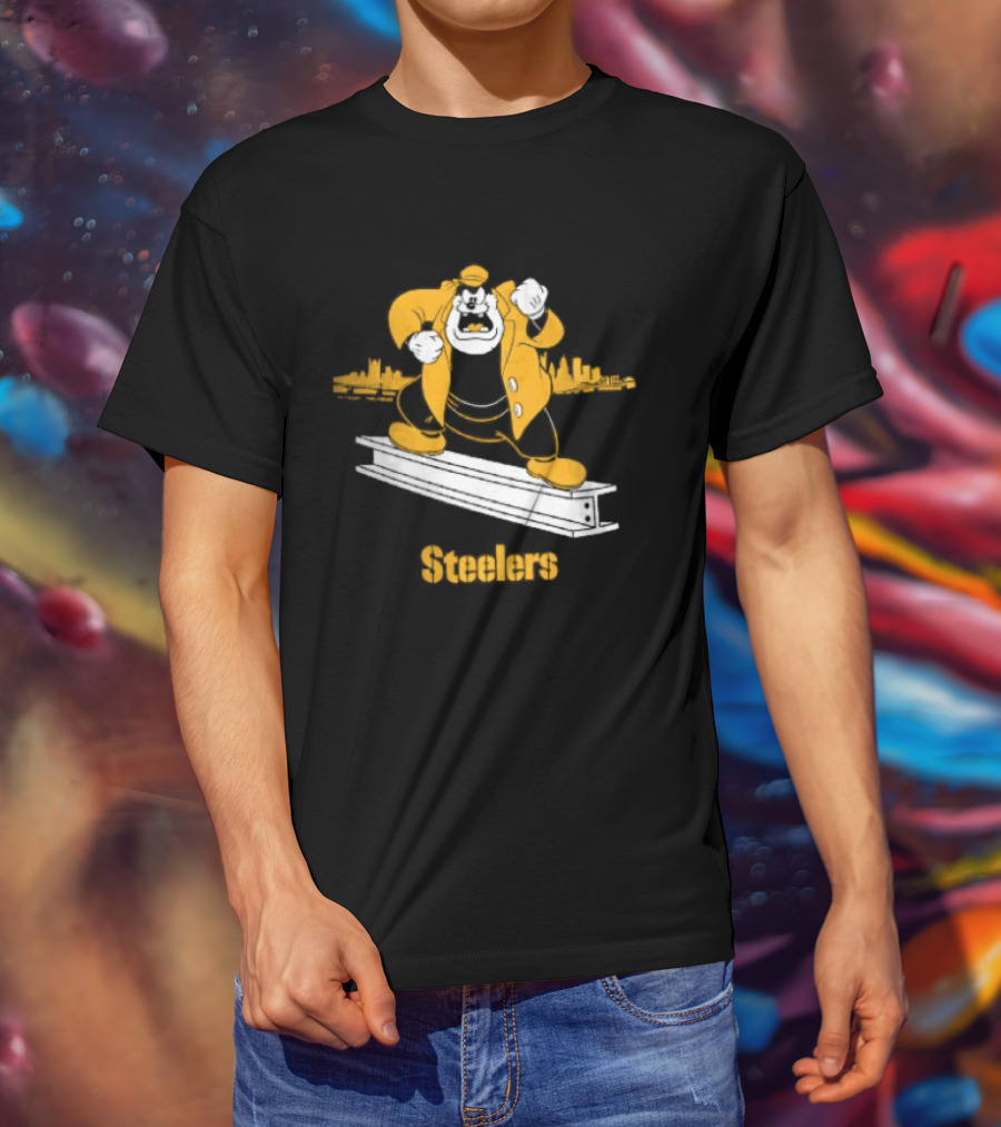 Pittsburgh Steelers Cartoon Pete On Steel Beam Cityscape T-Shirt