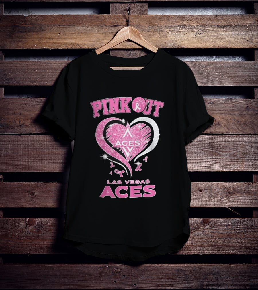 Las Vegas Aces Pink Out Glitter Heart Breast Cancer Awareness Ribbons WNBA T-Shirt