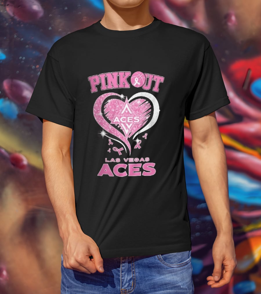Las Vegas Aces Pink Out Glitter Heart Breast Cancer Awareness Ribbons WNBA T-Shirt