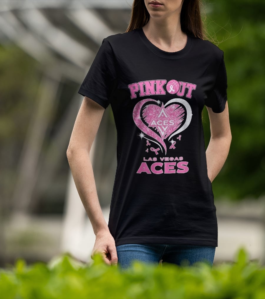 Las Vegas Aces Pink Out Glitter Heart Breast Cancer Awareness Ribbons WNBA T-Shirt