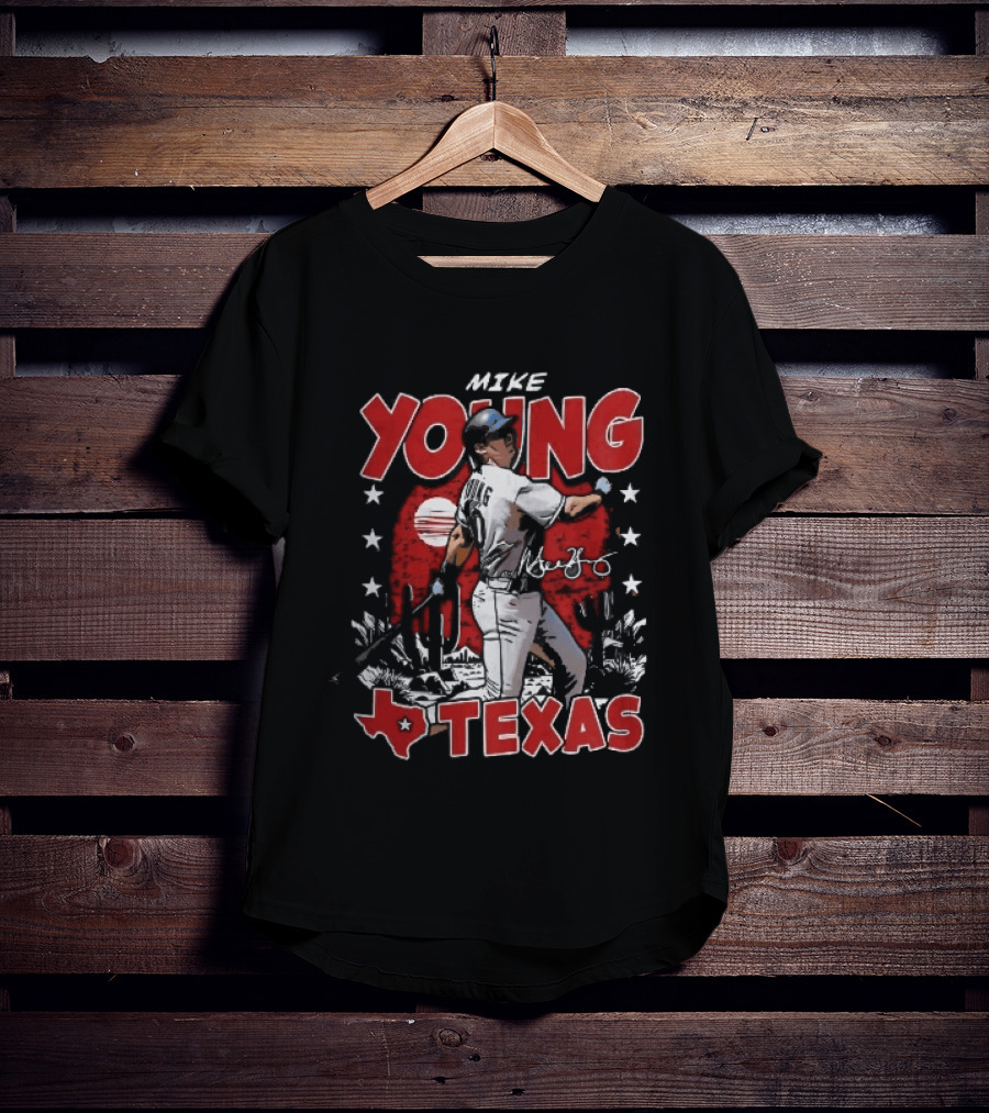 Texas Rangers MLB Mike Young Batting Cactus Red Sunset Stars T-Shirt