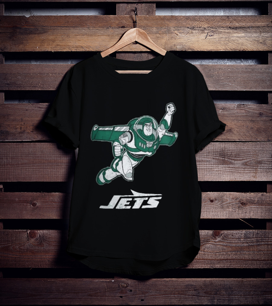 Buzz Lightyear Flying New York Jets Distressed Cartoon T-Shirt