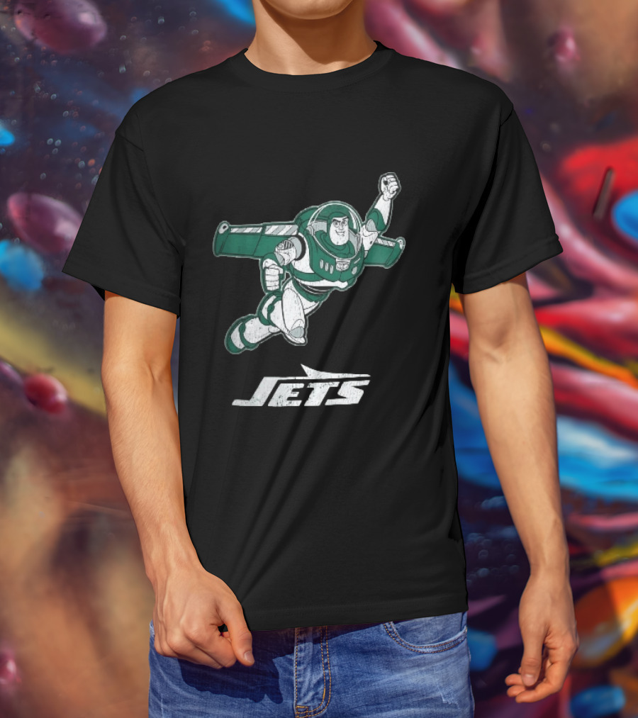 Buzz Lightyear Flying New York Jets Distressed Cartoon T-Shirt