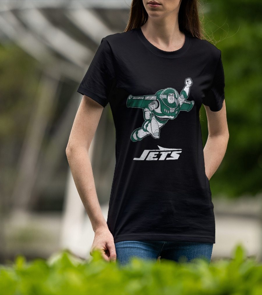 Buzz Lightyear Flying New York Jets Distressed Cartoon T-Shirt