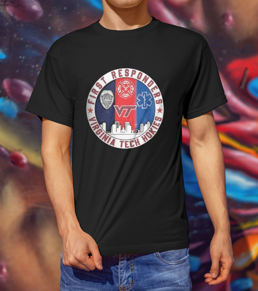 Virginia Tech Hokies First Responders Police Fire Dept EMS Star Skyline T-Shirt