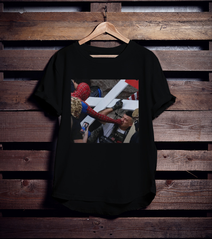 Spiderman Punching Man Holding Cross And Flag Image T-Shirt