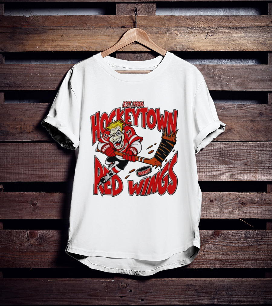 Detroit Red Wings Hockeytown Est. 1926 Vintage Cartoon Player With Flaming Hockey Stick T-Shirt