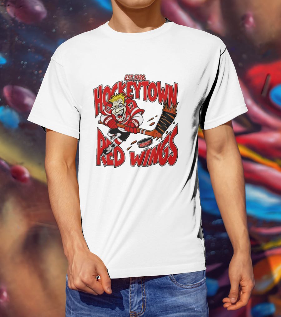 Detroit Red Wings Hockeytown Est. 1926 Vintage Cartoon Player With Flaming Hockey Stick T-Shirt