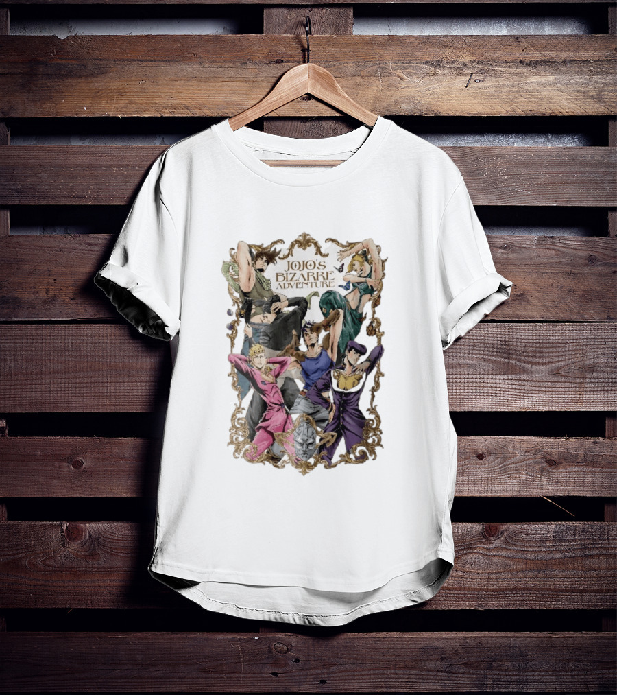 JoJo's Bizarre Adventure Characters Posing In Ornate Gold Frame With Stone Mask T-Shirt