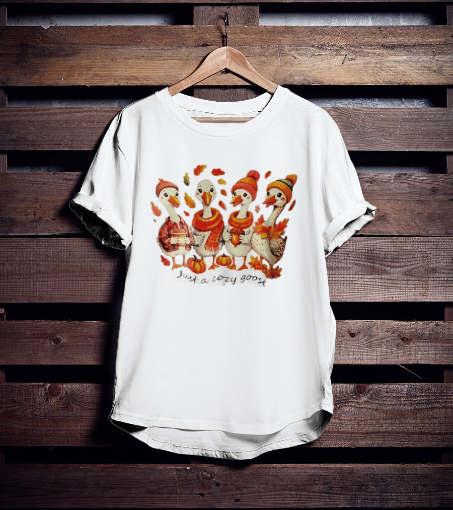 Cozy Goose Autumn Theme Four Cartoon Birds Leaves Pumpkins T-Shirt