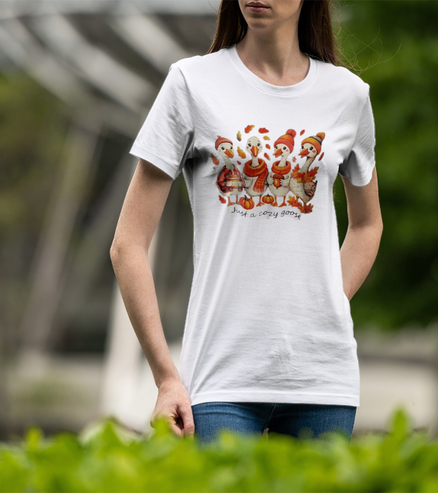 Cozy Goose Autumn Theme Four Cartoon Birds Leaves Pumpkins T-Shirt