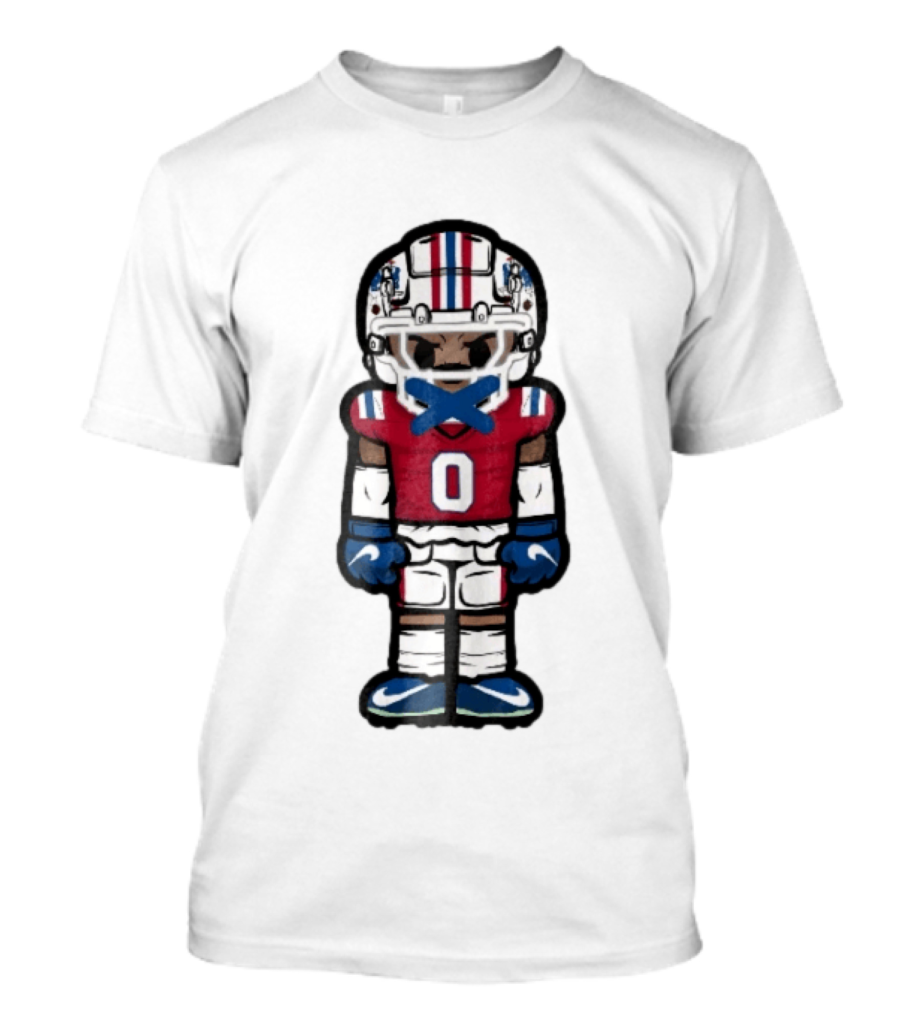 New England Patriots Cartoon Caricature Football Player Red Jersey Number 0 Helmet And Gloves T-Shirt