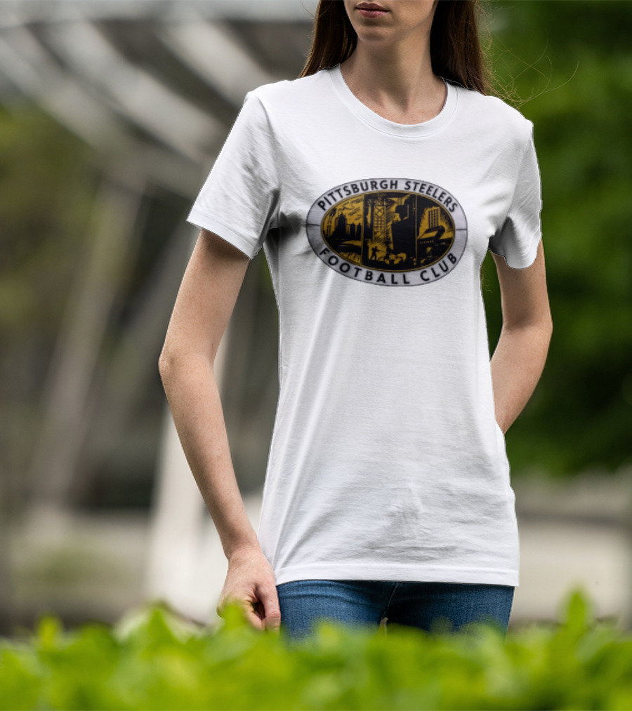Pittsburgh Steelers Football Club Distressed Oval Emblem Cityscape T-Shirt