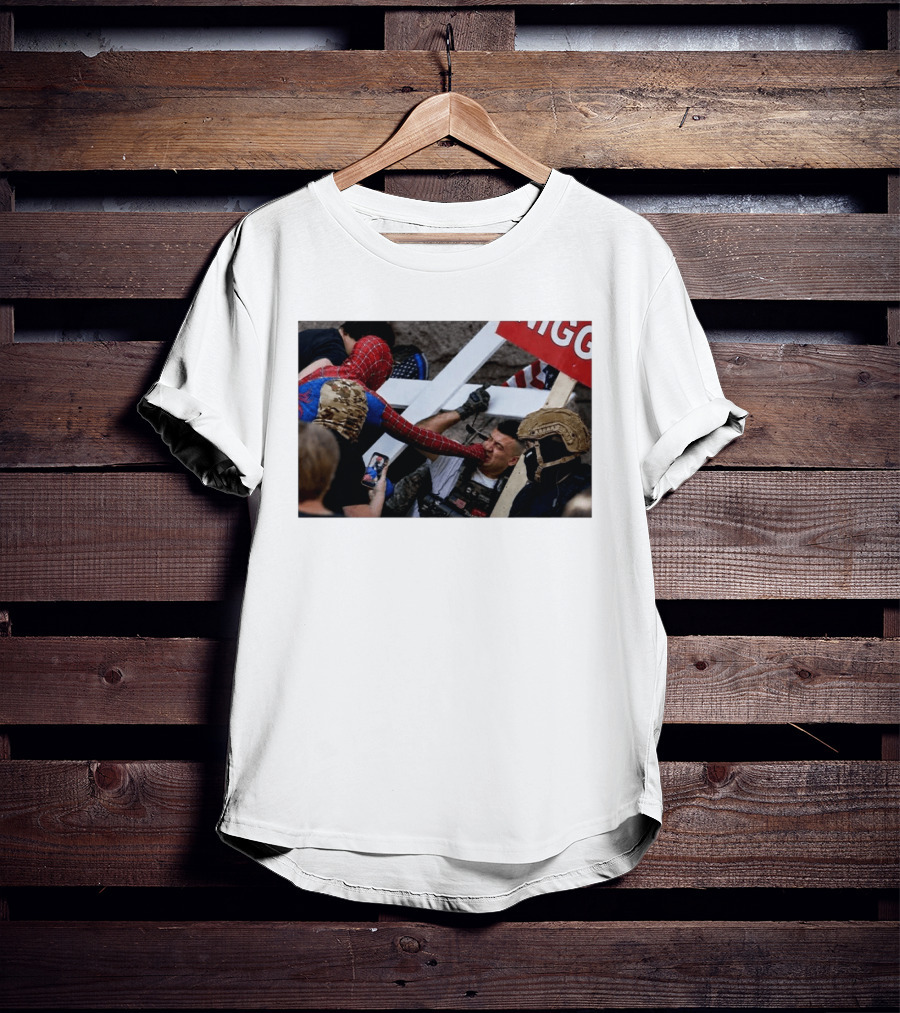 Spiderman Punch A Nazi Protest Scene With Cross And American Flag T-Shirt