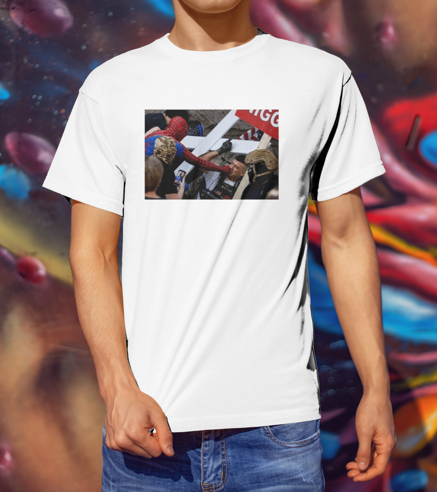 Spiderman Punch A Nazi Protest Scene With Cross And American Flag T-Shirt
