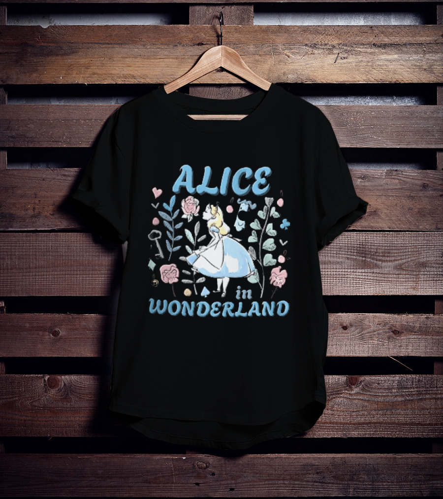 Alice In Wonderland Floral Wonderland With Alice Smelling Flowers T-Shirt