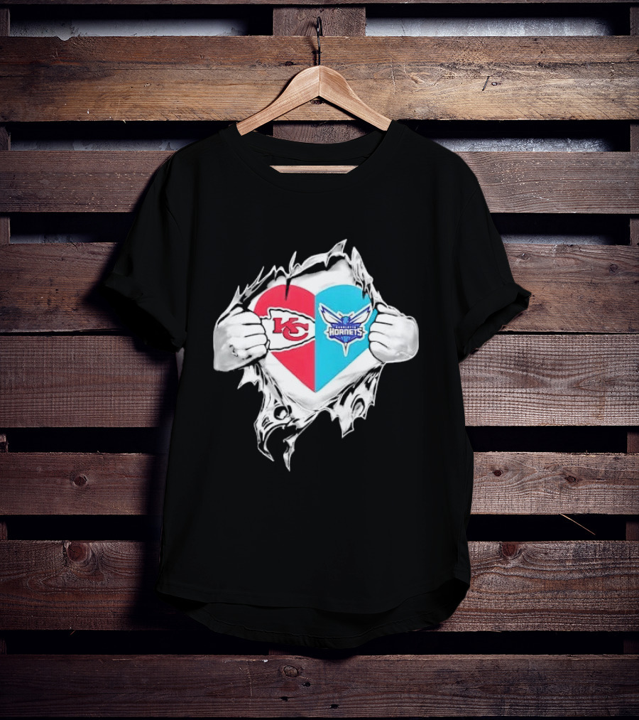 Kansas City Chiefs Charlotte Hornets Heart Hands Ripping Open T-Shirt