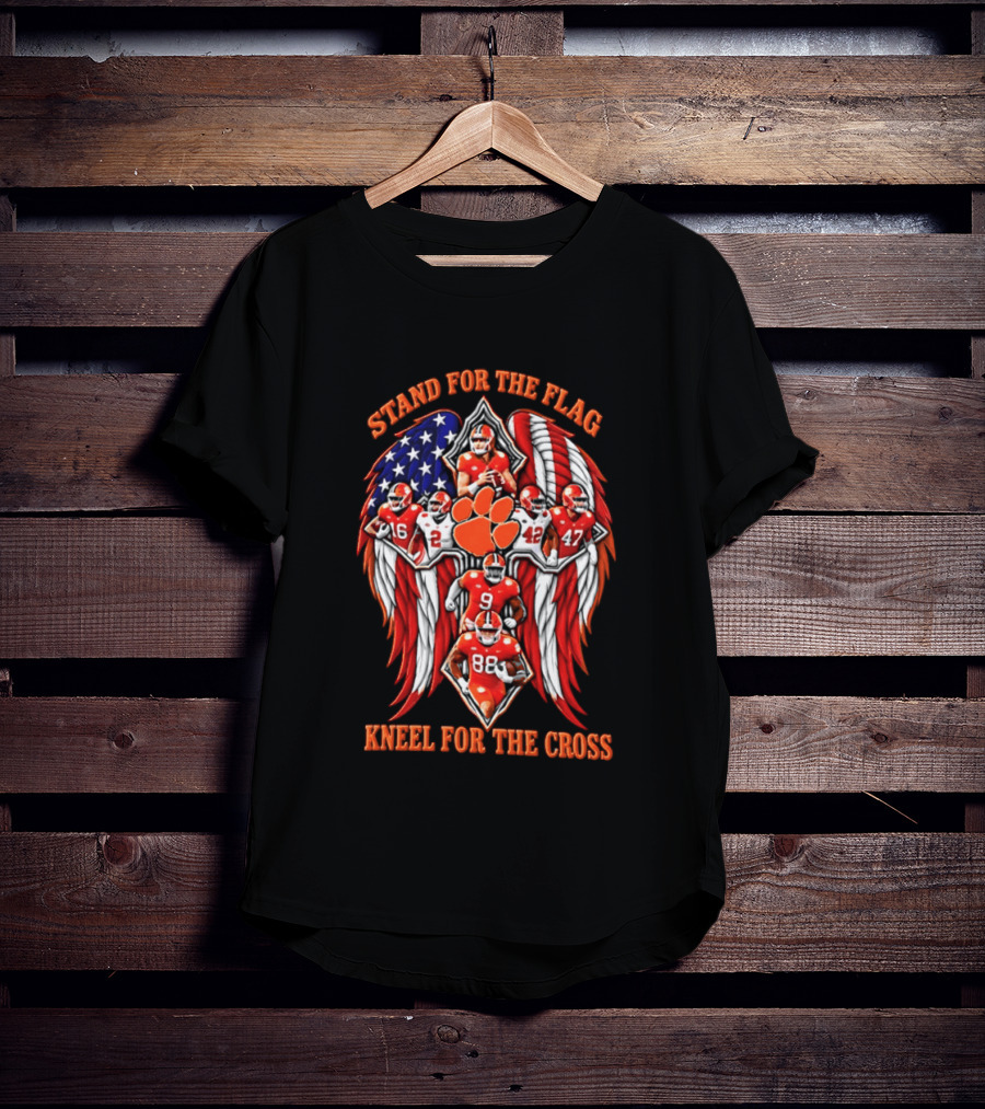 Clemson Tigers Stand For The Flag Kneel For The Cross 2026 American Flag Football Paw T-Shirt