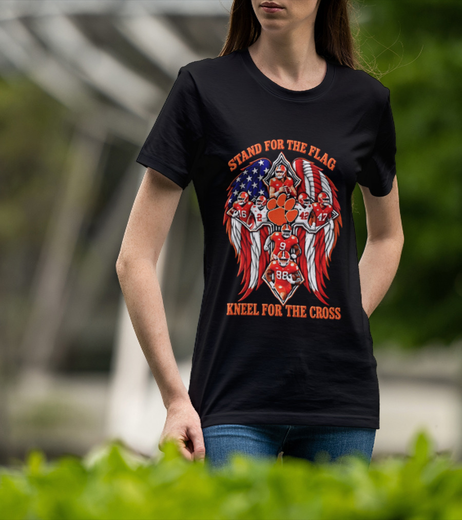 Clemson Tigers Stand For The Flag Kneel For The Cross 2026 American Flag Football Paw T-Shirt