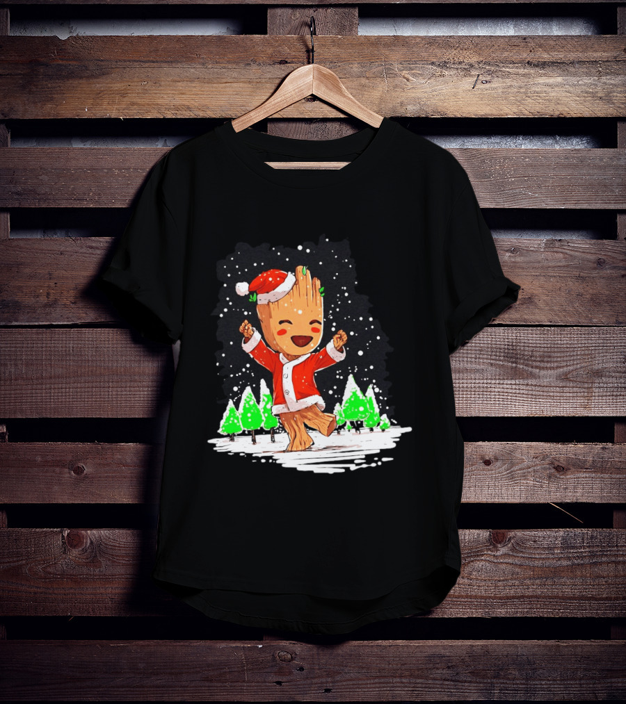 Dancing Santa Groot Christmas Trees Snow Scene T-Shirt