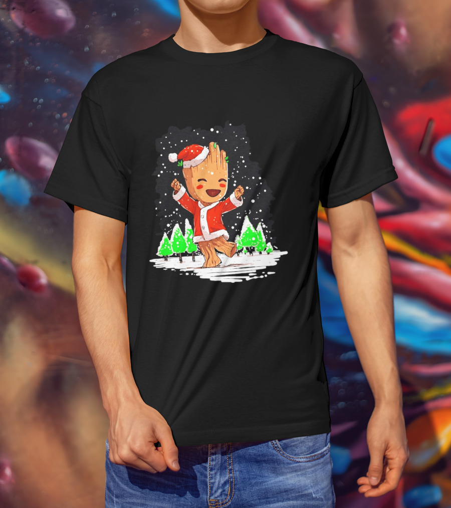 Dancing Santa Groot Christmas Trees Snow Scene T-Shirt