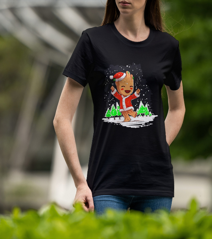 Dancing Santa Groot Christmas Trees Snow Scene T-Shirt