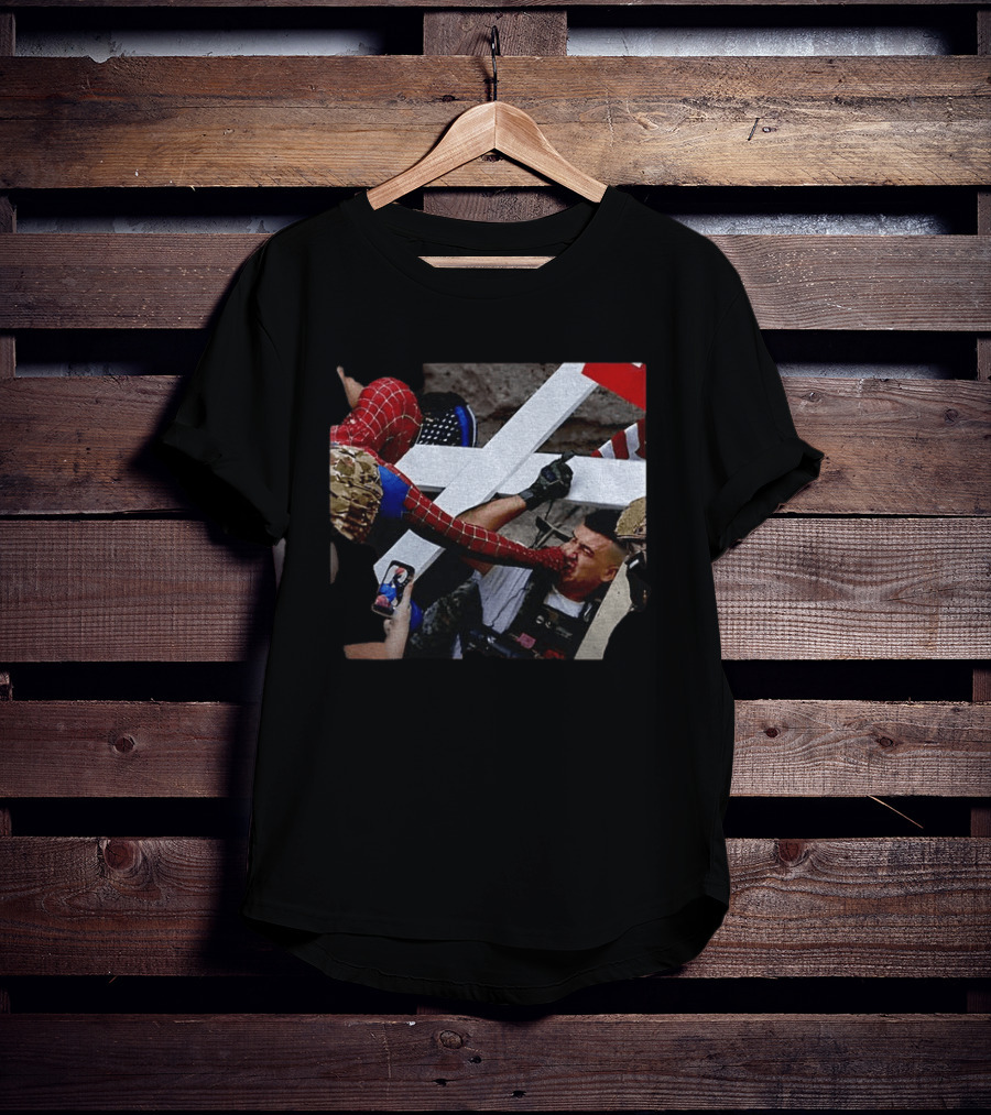 Minneapolis Spider Man Punching Protest Collage With American Flag And Cross T-Shirt