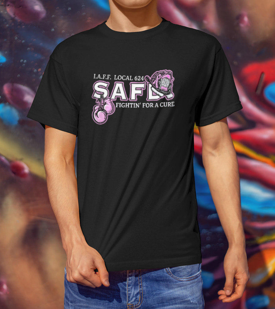 IAFF Local 624 SAFD Fightin' For A Cure Pink Boxing Gloves Firefighter Helmet T-Shirt
