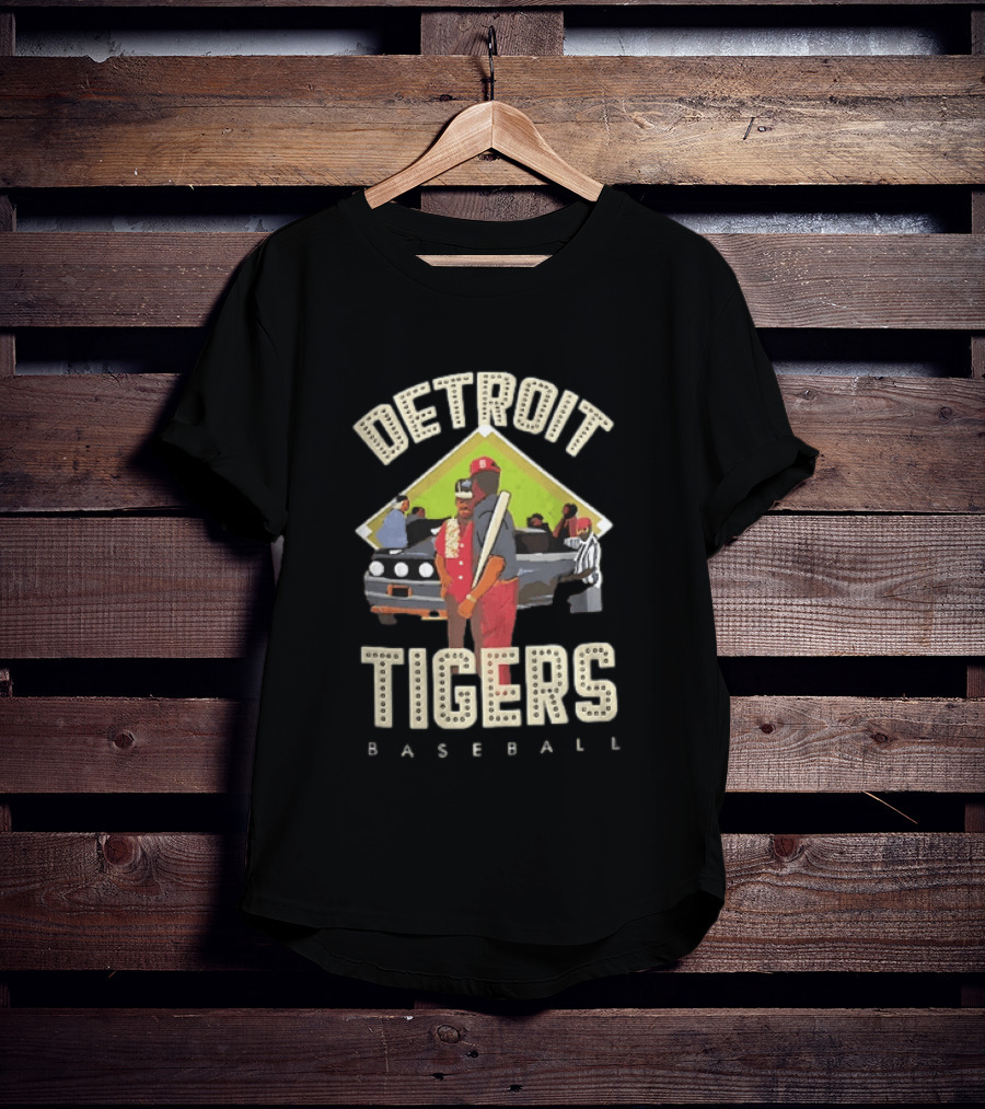 Detroit Tigers Baseball Figures Convertible Car And Bat Scene T-Shirt
