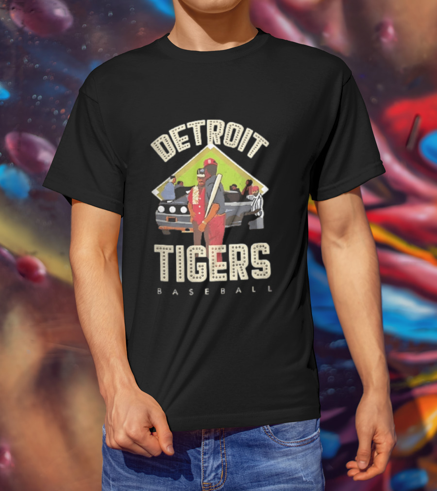 Detroit Tigers Baseball Figures Convertible Car And Bat Scene T-Shirt