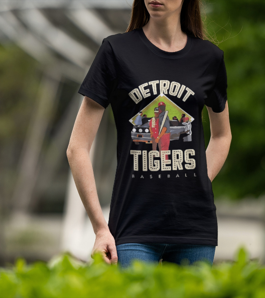 Detroit Tigers Baseball Figures Convertible Car And Bat Scene T-Shirt