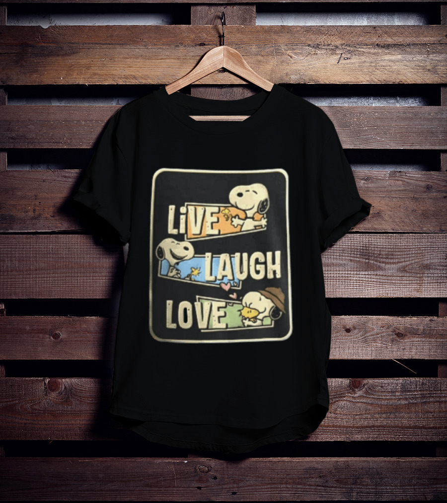 Live Laugh Love Peanuts Snoopy Woodstock Hugging Panels T-Shirt