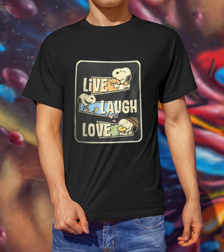 Live Laugh Love Peanuts Snoopy Woodstock Hugging Panels T-Shirt