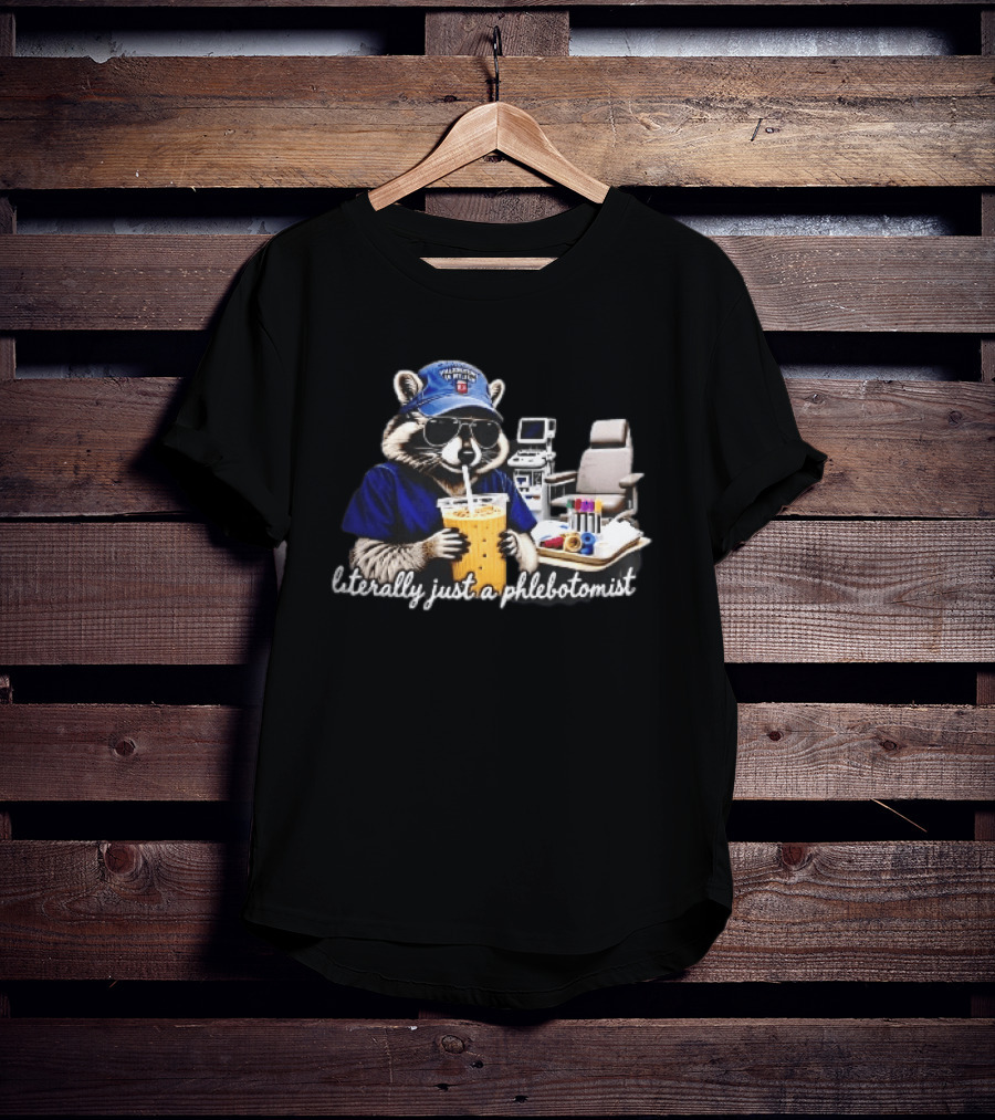 Raccoon Phlebotomist In Scrubs Sipping Drink With Blood Collection Tubes T-Shirt