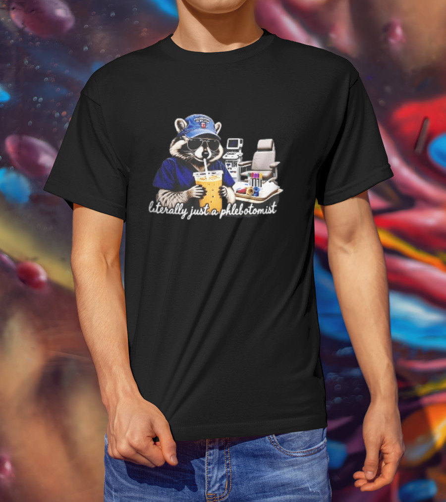 Raccoon Phlebotomist In Scrubs Sipping Drink With Blood Collection Tubes T-Shirt
