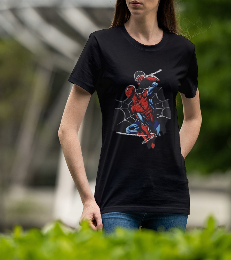 Spider Man Web Swinging Pose Comic Book Line Art Classic Marvel Superhero T-Shirt