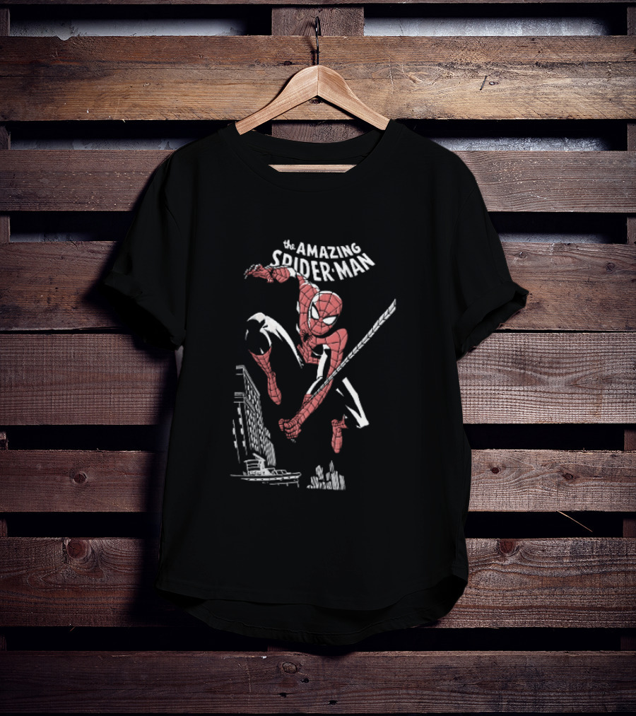 The Amazing Spider Man Swinging Above City Skyline T-Shirt