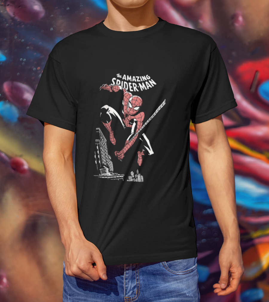 The Amazing Spider Man Swinging Above City Skyline T-Shirt