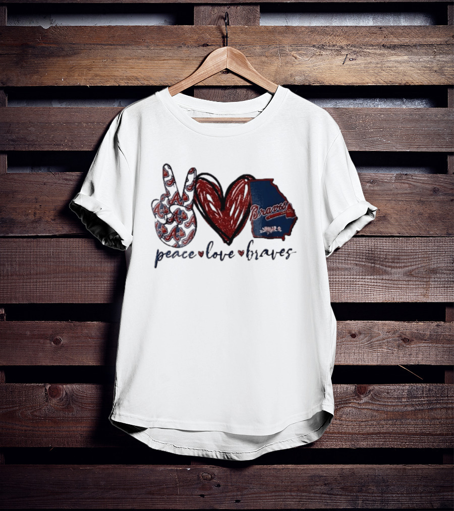Peace Love Braves Hand Red Glitter Heart Georgia Map T-Shirt