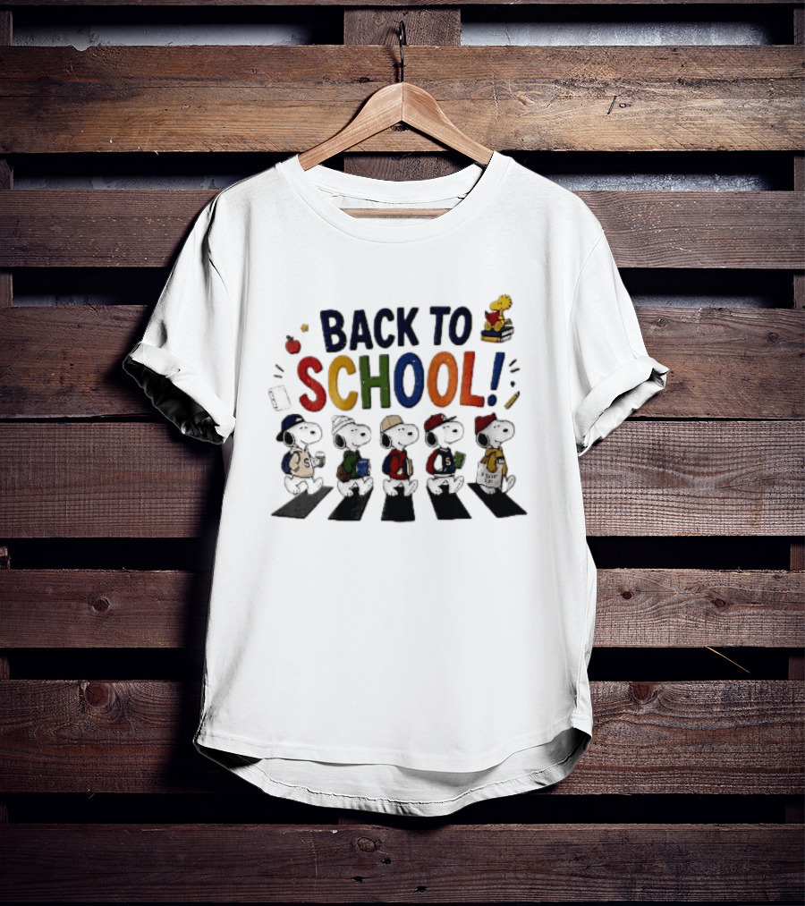 Back To School Snoopy Characters Walking Abbey Road With Woodstock Books T-Shirt