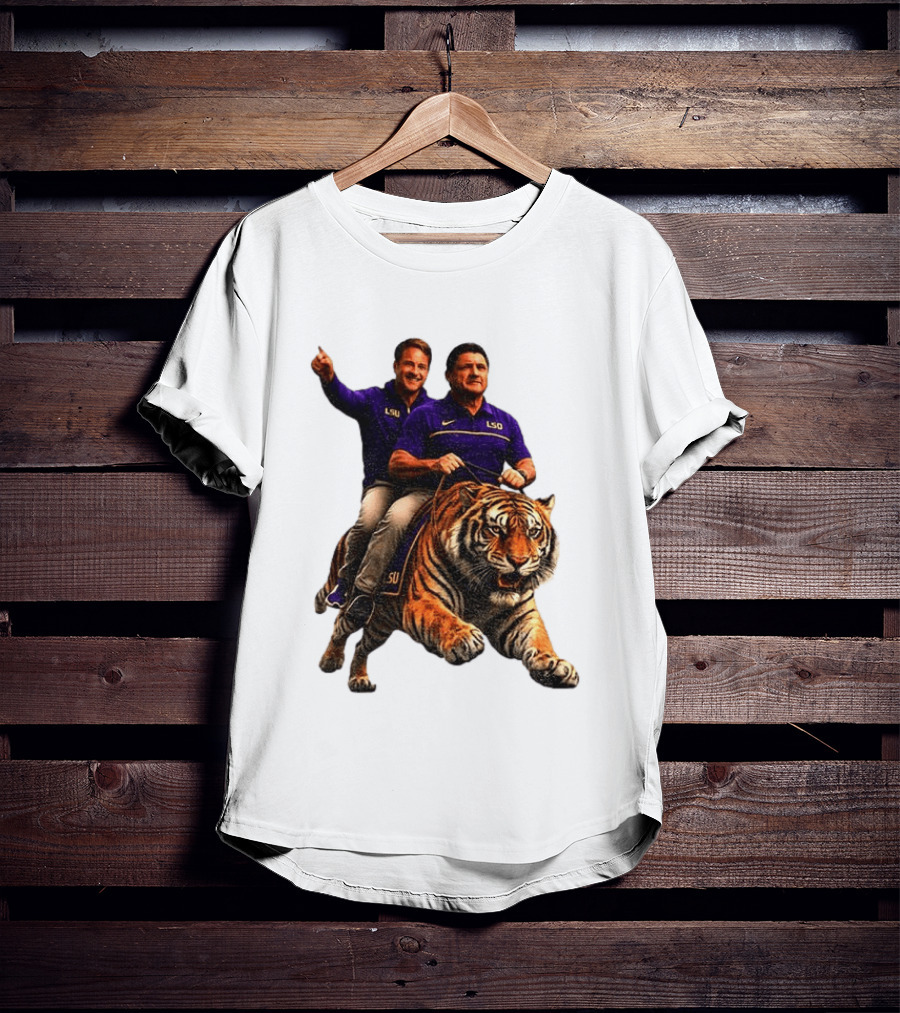 Bayou Brothers Tiger Riding LSU Coach Ed Orgeron Vs Kim Mulkey T-Shirt