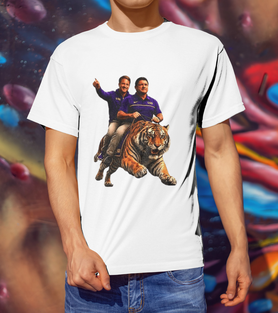Bayou Brothers Tiger Riding LSU Coach Ed Orgeron Vs Kim Mulkey T-Shirt