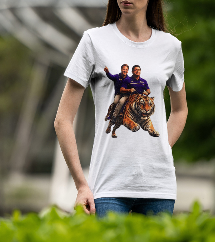 Bayou Brothers Tiger Riding LSU Coach Ed Orgeron Vs Kim Mulkey T-Shirt
