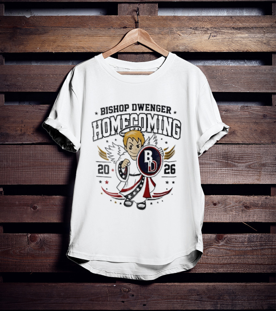 Bishop Dwenger Homecoming 2026 Cartoon Angel Holding Shield Stars 2023 T-Shirt