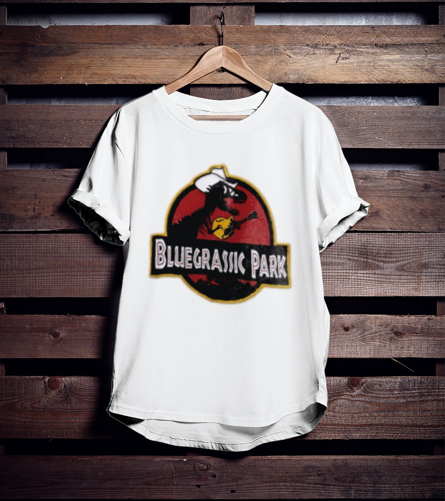 Bluegrassic Park Dinosaur Playing Mandolin Cowboy Hat Jurassic T-Shirt