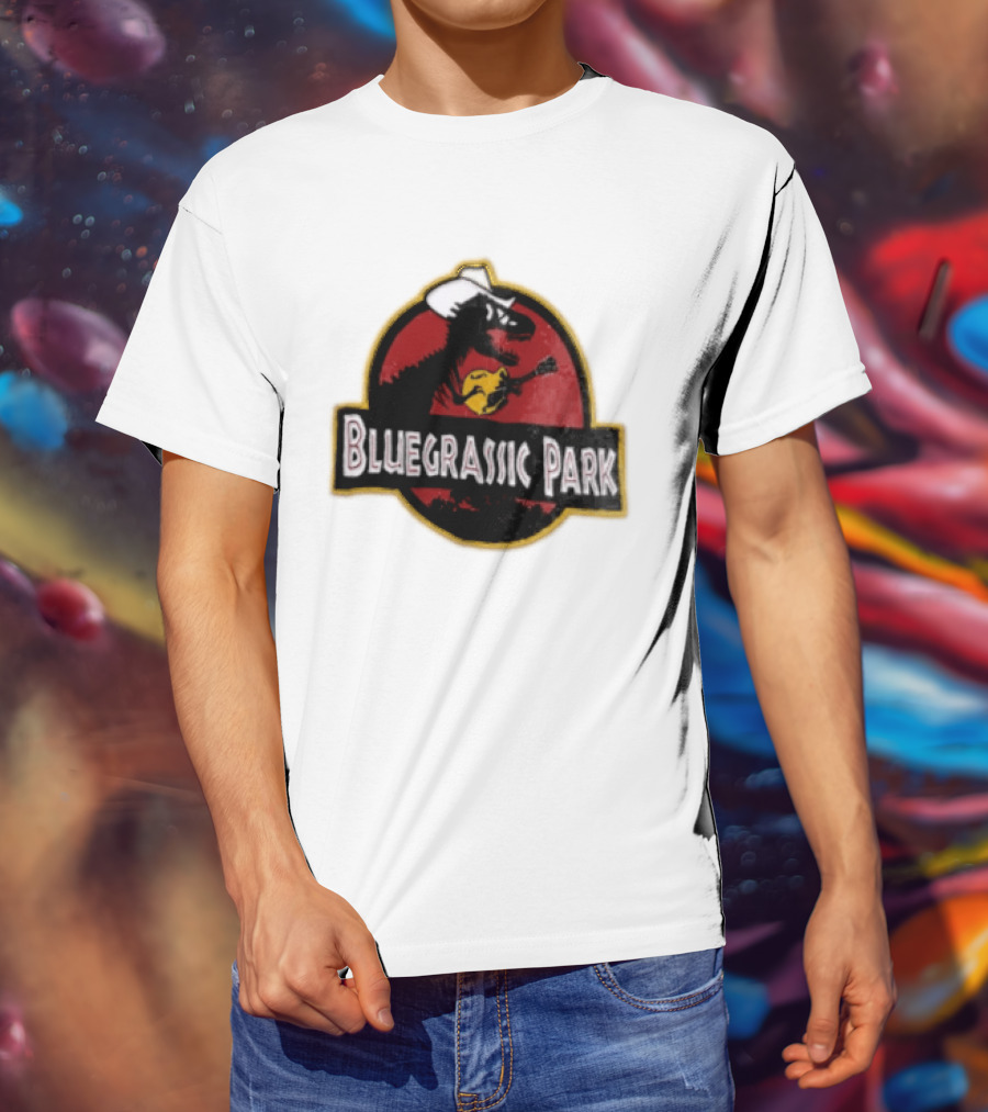 Bluegrassic Park Dinosaur Playing Mandolin Cowboy Hat Jurassic T-Shirt