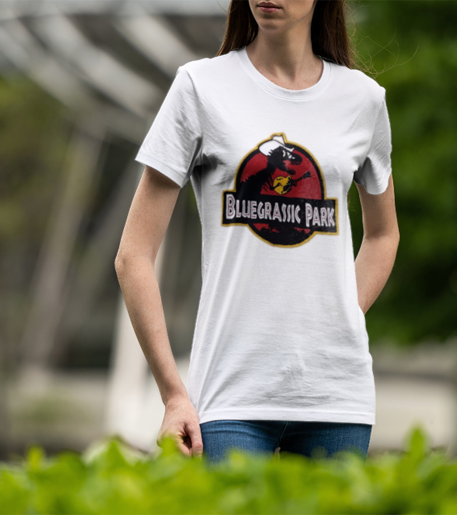 Bluegrassic Park Dinosaur Playing Mandolin Cowboy Hat Jurassic T-Shirt