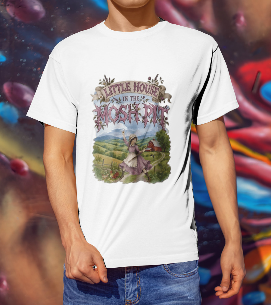 Little House In The Mosh Pit Pioneer Girl Screaming Pitchfork Red Barn Farm Country Scene T-Shirt