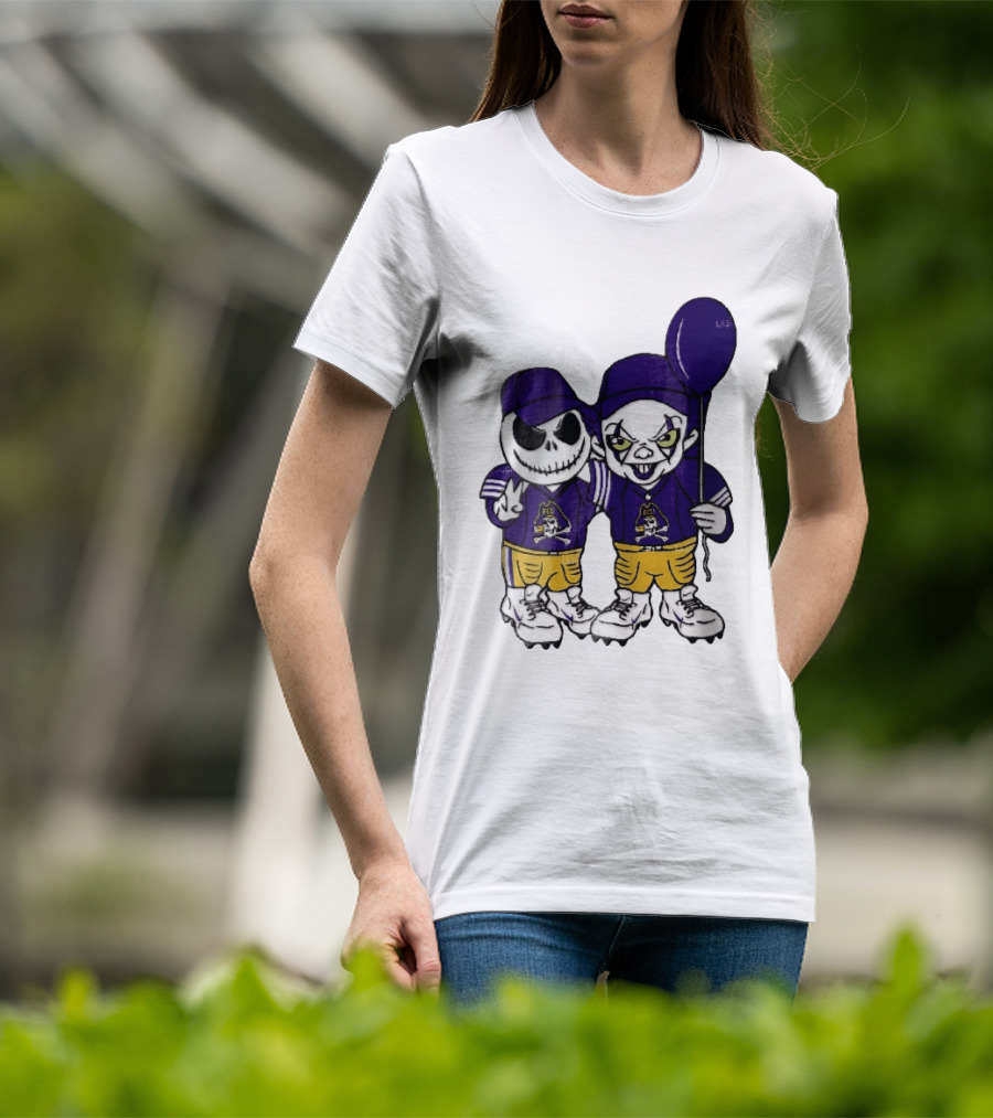 East Carolina Pirates NCAA Jack Skellington Pennywise Clown Purple Balloon T-Shirt