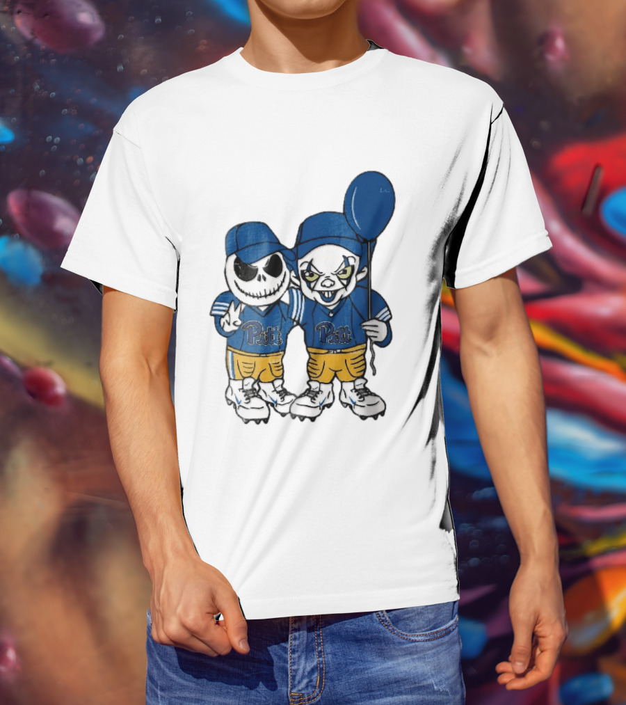 Pittsburgh Panthers NCAA Football Jack Skellington Clown Cartoon Players Blue Balloon T-Shirt